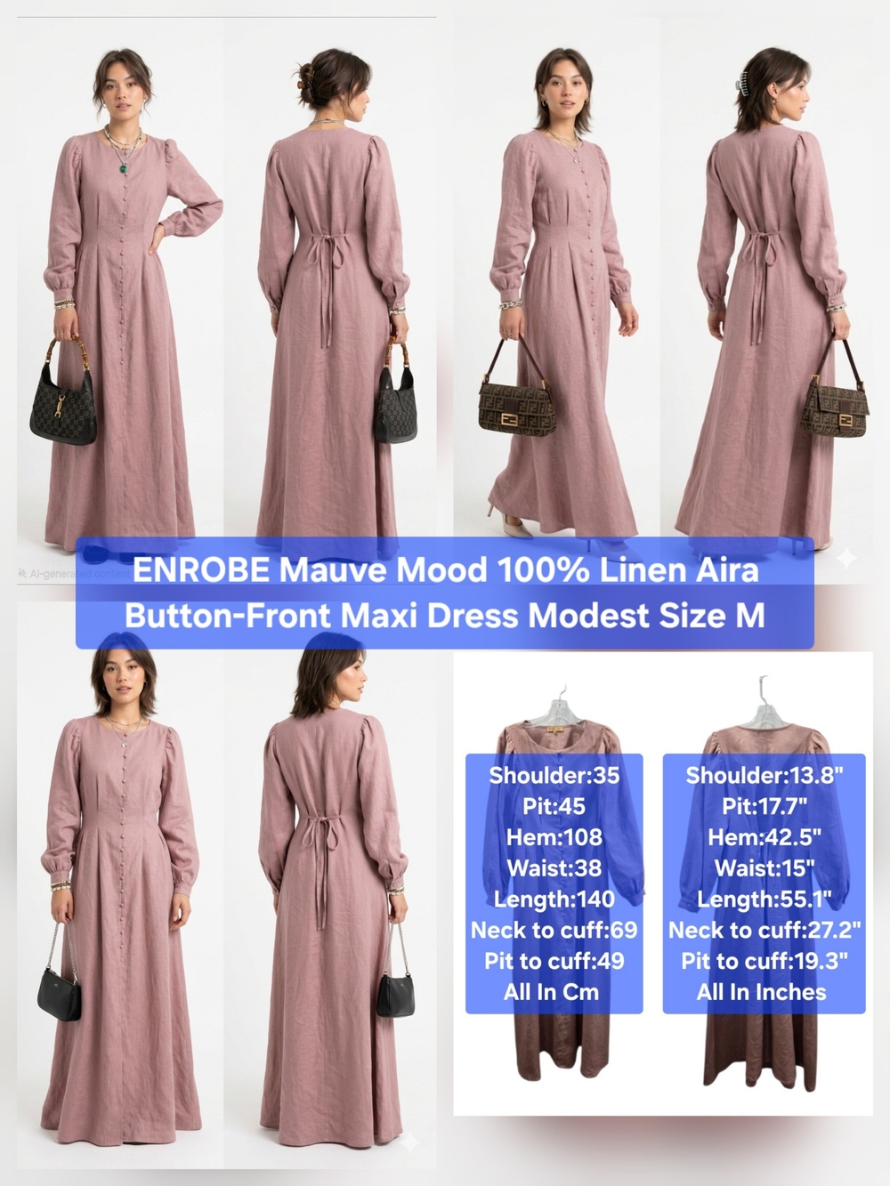ENROBE Mauve Mood 100% Linen Aira Button-Front Maxi Dress Modest Size M